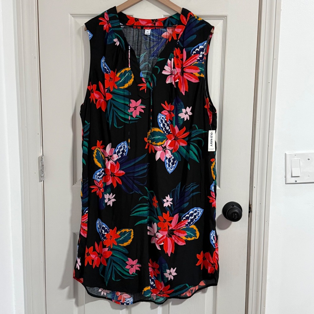 Old Navy Dress Womens XXL Floral Black NWT V Neck Tropical Vacation Resort Beach